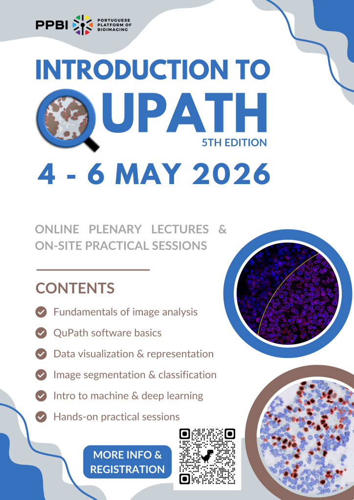 Poster of the "introduction to QuPath" course. Learn open-source digital pathology and whole-slide image analysis. Covers annotation, cell detection, and classification workflows